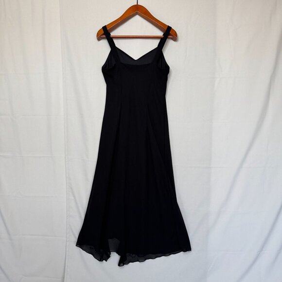 90s Vintage R&M Richards Black Chiffon Beaded Ruffle Slit Cocktail Midi Dress - Picture 7 of 13